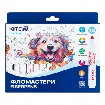 Фломастери, набір 12 кольорів Creative Superwashable Jumbo Kite k-1155