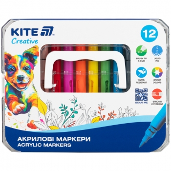 Маркеры акриловые пишущий узел в форме кисточки 12 цветов Creative KITE k-1161